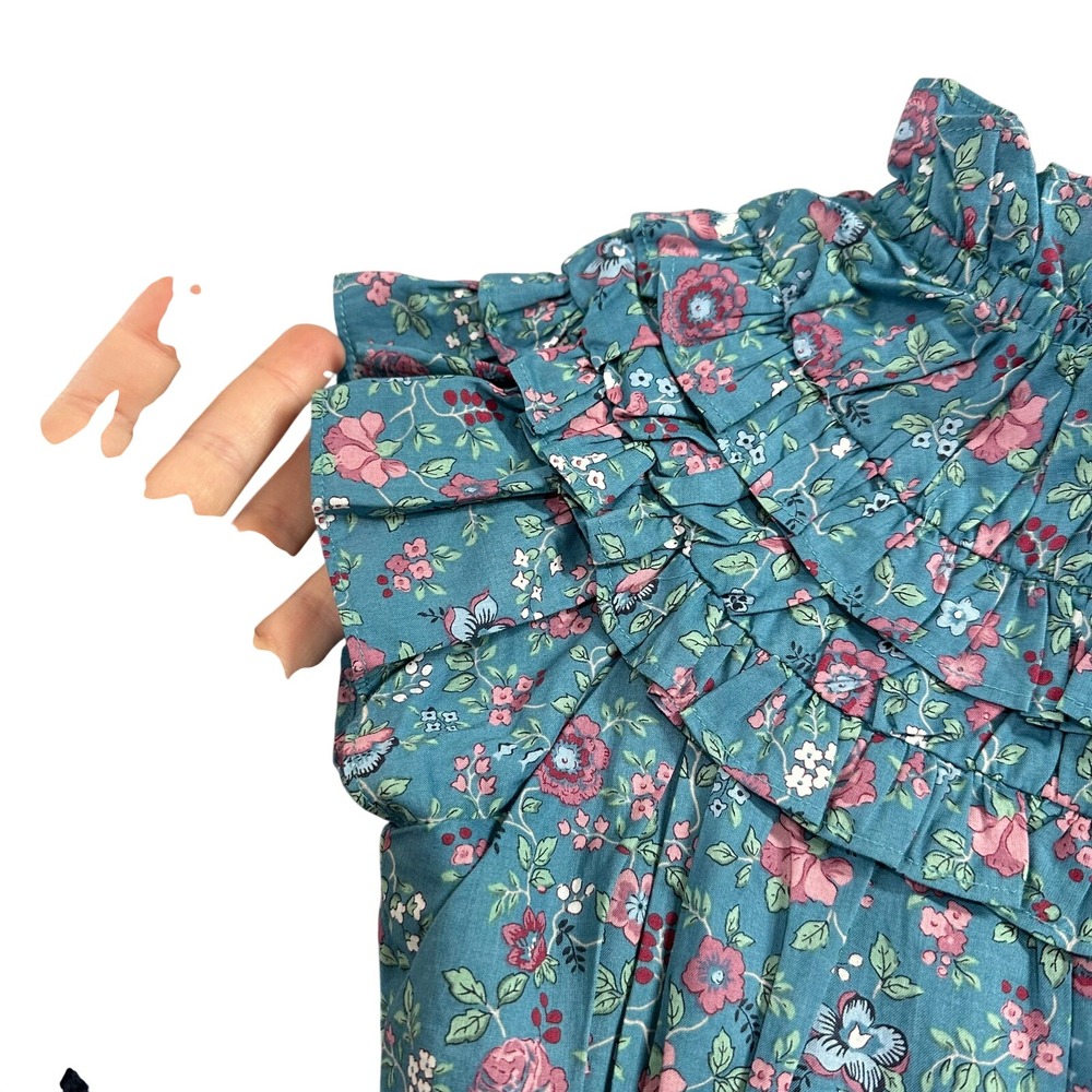 Janie and Jack Girls Size 10 Teal Pink Floral Ruffle Collar Smocked Dress - Picture 7 of 8